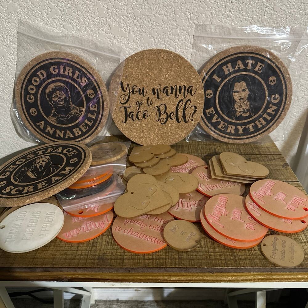 Lot of Random acrylic pieces and heat trivets randomly themed